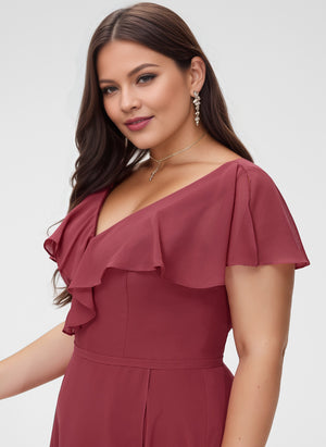 A-line V-Neck Asymmetrical Chiffon Bridesmaid Dress With Ruffle