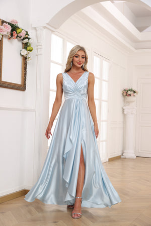 A-line V-Neck Floor-Length Satin Bridesmaid Dress