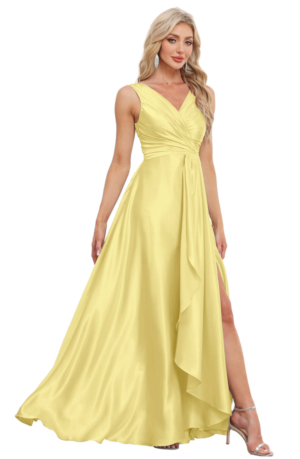 A-line V-Neck Floor-Length Satin Bridesmaid Dress