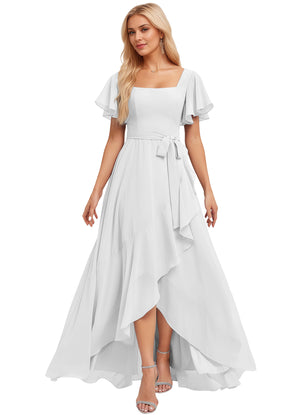 A-line Square-Neck Floor-Length Chiffon Bridesmaid Dress With Ruffle