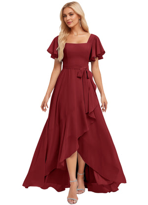 A-line Square-Neck Floor-Length Chiffon Bridesmaid Dress With Ruffle