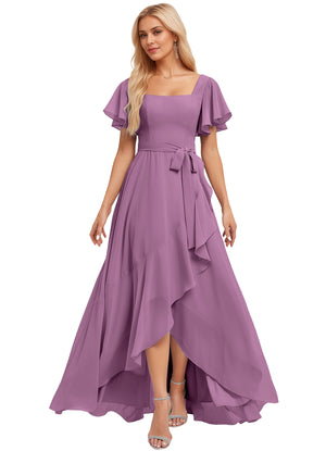 A-line Square-Neck Floor-Length Chiffon Bridesmaid Dress With Ruffle