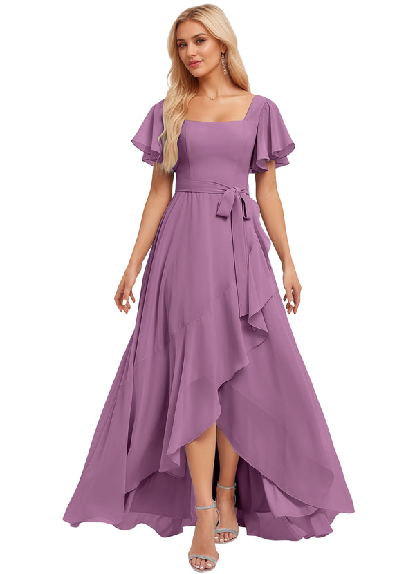 A-line Square-Neck Floor-Length Chiffon Bridesmaid Dress With Ruffle