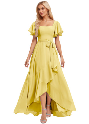 A-line Square-Neck Floor-Length Chiffon Bridesmaid Dress With Ruffle
