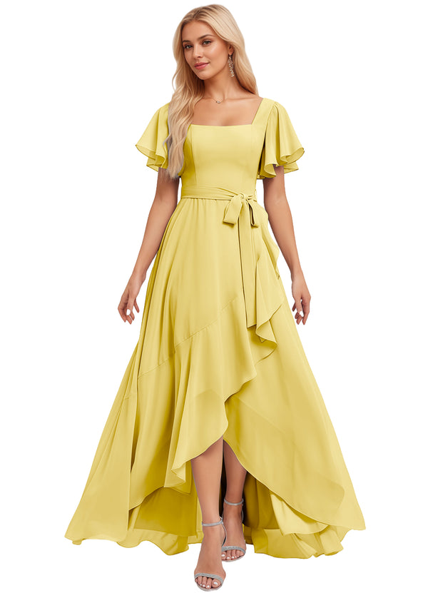 A-line Square-Neck Floor-Length Chiffon Bridesmaid Dress With Ruffle