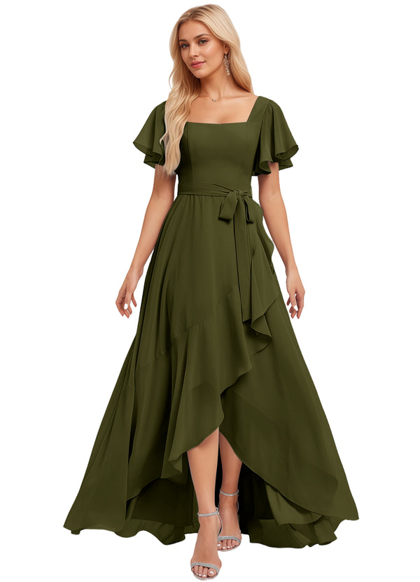 A-line Square-Neck Floor-Length Chiffon Bridesmaid Dress With Ruffle