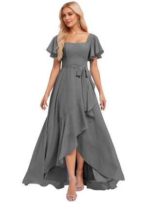 A-line Square-Neck Floor-Length Chiffon Bridesmaid Dress With Ruffle