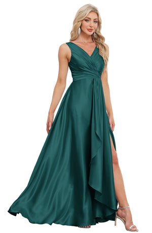 A-line V-Neck Floor-Length Satin Bridesmaid Dress