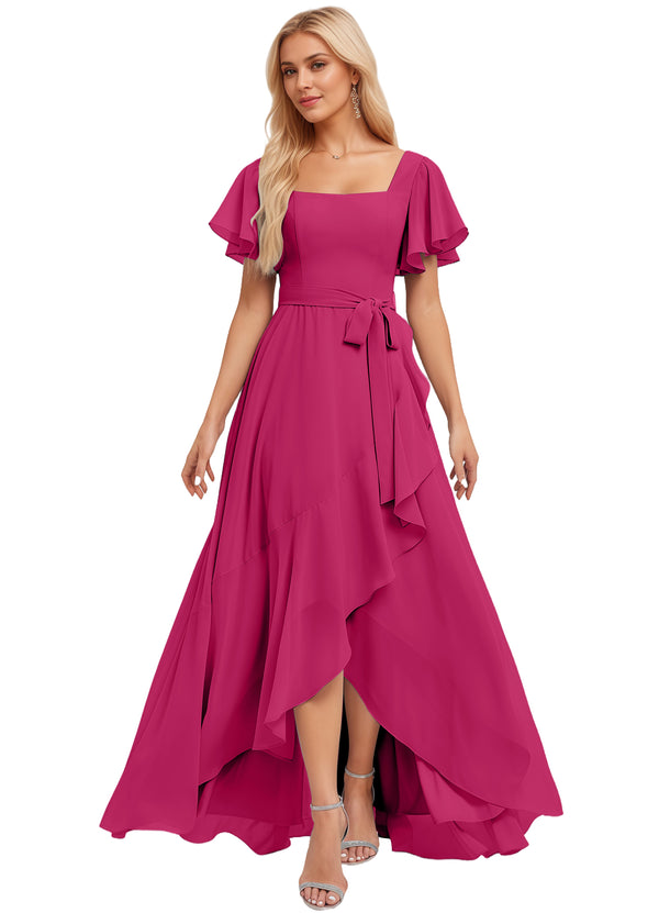 A-line Square-Neck Floor-Length Chiffon Bridesmaid Dress With Ruffle
