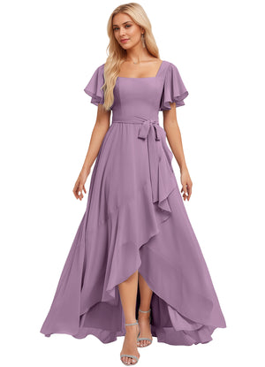 A-line Square-Neck Floor-Length Chiffon Bridesmaid Dress With Ruffle