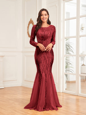 Scoop Sequin Tulle Mermaid/Trumpet Long Sleevess Sweep Train Empire Waist Prom Dress