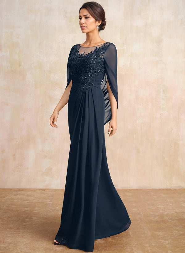 A-line Scoop Illusion Floor-Length Lace Chiffon Mother of the Bride Dress With Sequins Pleated