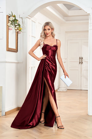 Trumpet/Mermaid Sweetheart Neck Spaghetti Straps Sweep Train Satin Prom Dresses With Silt