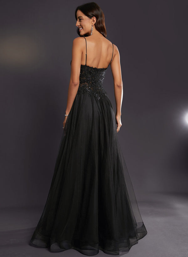A-line V-Neck Floor-Length Tulle Prom Dresses