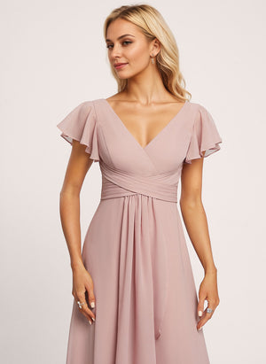 A-line V-Neck Floor-Length Chiffon Bridesmaid Dress With Ruffle