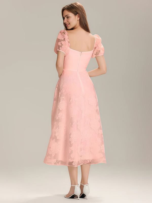 Square Puff Sleeve A-line Chiffon Jacquard Midi Dress
