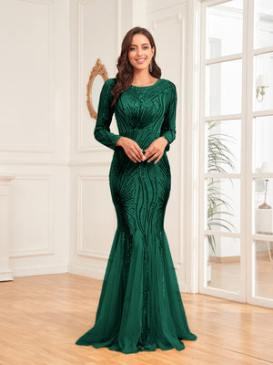 Scoop Sequin Tulle Mermaid/Trumpet Long Sleevess Sweep Train Empire Waist Prom Dress