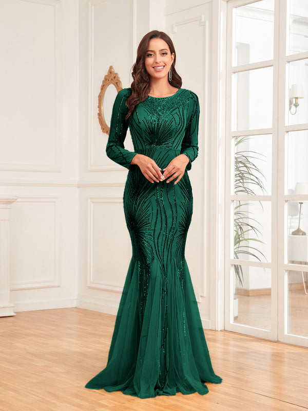 Scoop Sequin Tulle Mermaid/Trumpet Long Sleevess Sweep Train Empire Waist Prom Dress