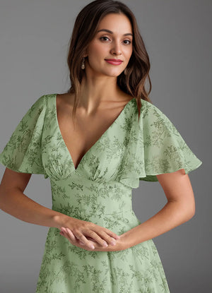 A-line V-Neck Floor-Length Chiffon Floral Bridesmaid Dress