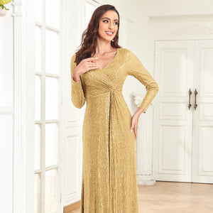 Sequin V-Neck Long Sleeves A-Line Floor Length Prom/Evening Dress