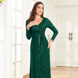 Sequin V-Neck Long Sleeves A-Line Floor Length Prom/Evening Dress