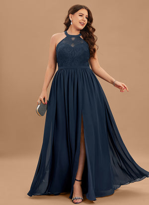 A-line Scoop Floor-Length Lace Chiffon Bridesmaid Dress