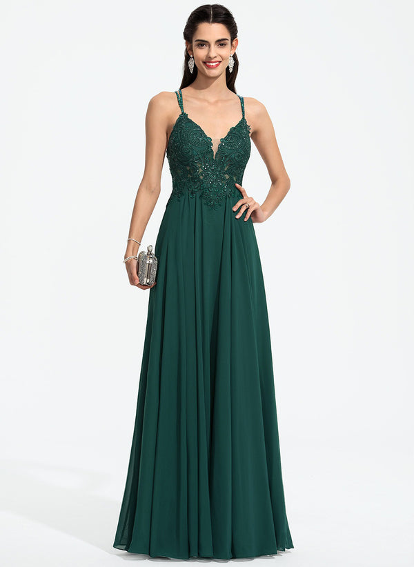 A-line V-Neck Floor-Length Chiffon Prom Dresses With Beading Sequins