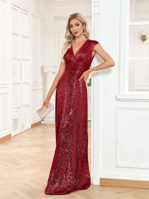 Sequin V-Neck Sleeveless A-Line Floor Length Prom/Evening Dress