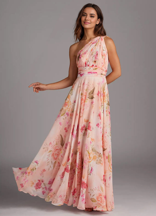 A-line One Shoulder Floor-Length Chiffon Bridesmaid Dress With Slit