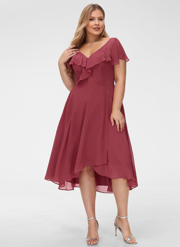 A-line V-Neck Asymmetrical Chiffon Bridesmaid Dress With Ruffle