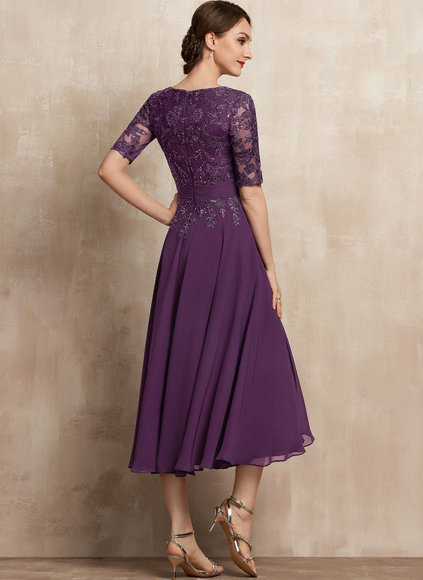 A-line V-Neck Tea-Length Lace Chiffon Mother of the Bride Dress With Sequins