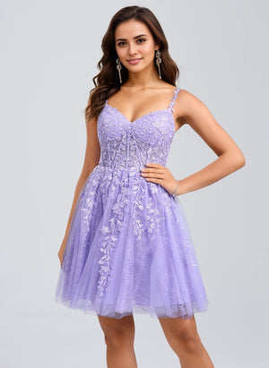 A-line V-Neck Short Tulle Lace Homecoming Dress
