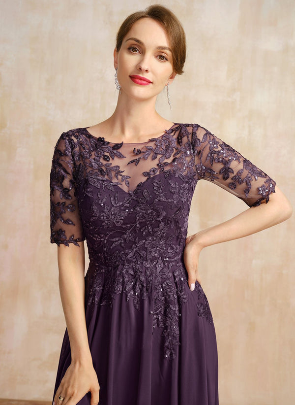 A-line Scoop Illusion Asymmetrical Lace Chiffon Mother of the Bride Dress With Sequins