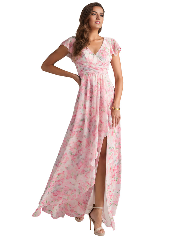 A-line V-Neck Floor-Length Chiffon Bridesmaid Dress With Ruffle