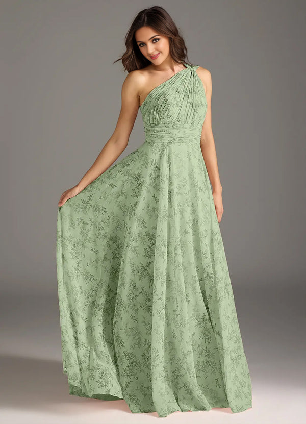A-line One Shoulder Floor-Length Chiffon Bridesmaid Dress With Slit