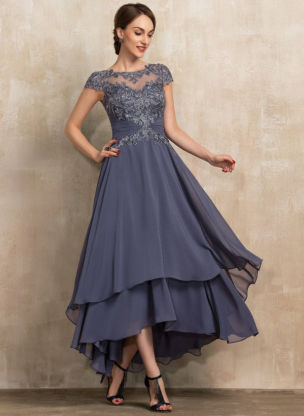 A-line Scoop Illusion Asymmetrical Chiffon Lace Mother of the Bride Dress With Beading