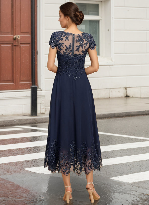 A-line Scoop Illusion Tea-Length Lace Chiffon Mother of the Bride Dress With Sequins