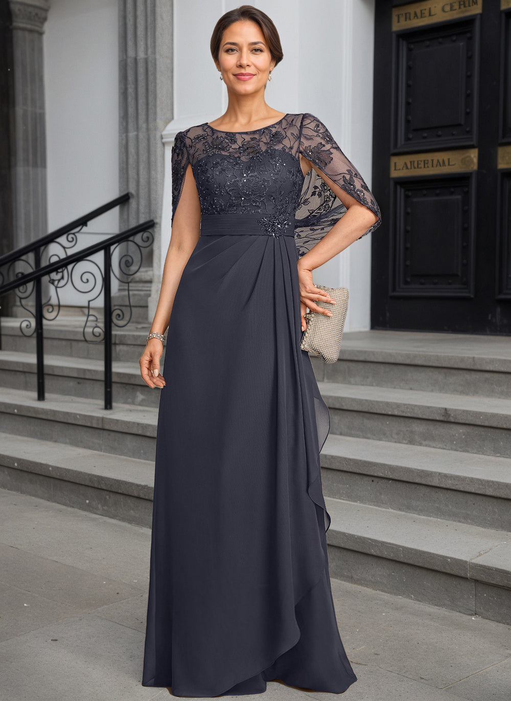A-line Scoop Illusion Lace Chiffon Mother of the Bride Dress With Cascading Ruffles Sequins