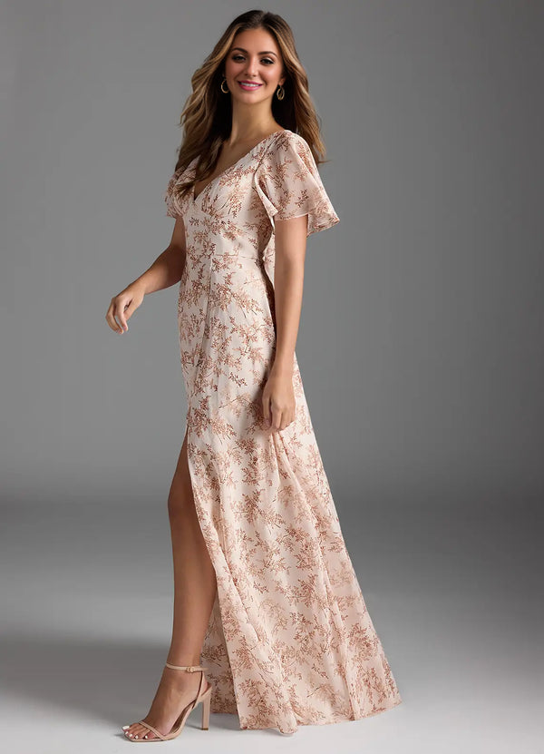 A-line V-Neck Floor-Length Chiffon Floral Bridesmaid Dress