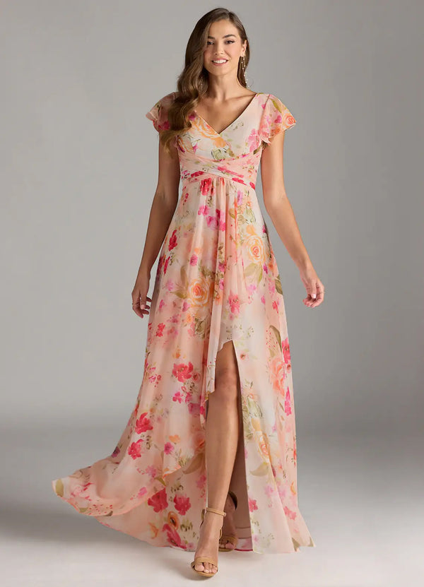 A-line V-Neck Floor-Length Chiffon Bridesmaid Dress With Ruffle