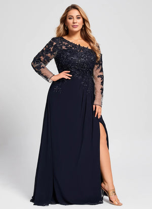 Trumpet/Mermaid Asymmetrical Illusion Floor-Length Lace Chiffon Evening Dress With Sequins