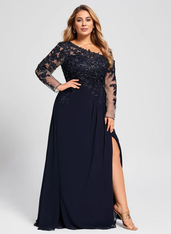 Trumpet/Mermaid Asymmetrical Illusion Floor-Length Lace Chiffon Evening Dress With Sequins