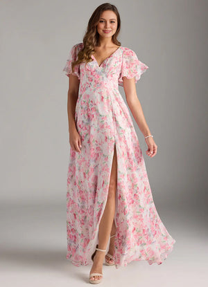 A-line V-Neck Floor-Length Chiffon Floral Bridesmaid Dress
