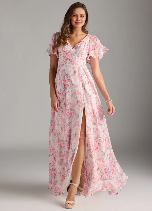 A-line V-Neck Floor-Length Chiffon Floral Bridesmaid Dress