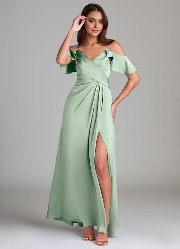 A-line Cold Shoulder Floor-Length Satin Bridesmaid Dress With Ruffle