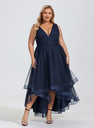 A-line V-Neck Asymmetrical Tulle Cocktail Dress With Cascading Ruffles Pleated