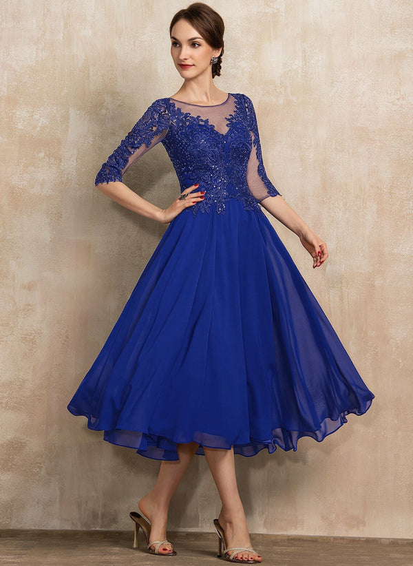 A-line Scoop Illusion Tea-Length Lace Chiffon Mother of the Bride Dress With Sequins