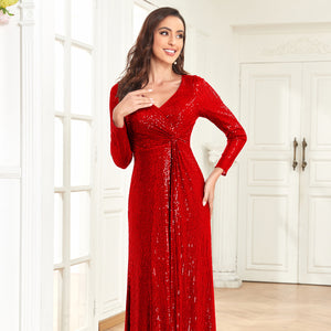 Sequin V-Neck Long Sleeves A-Line Floor Length Prom/Evening Dress