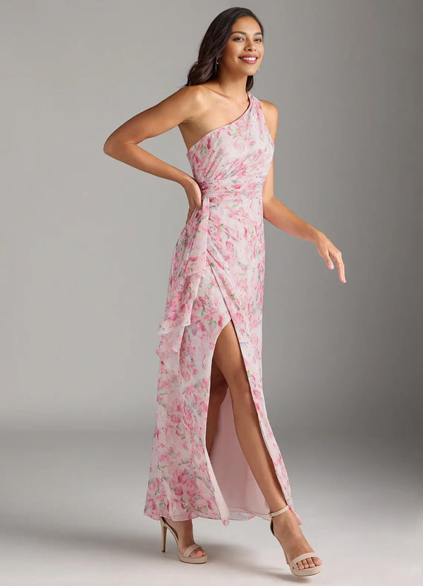 A-line One Shoulder Floor-Length Chiffon Bridesmaid Dress With Ruffle