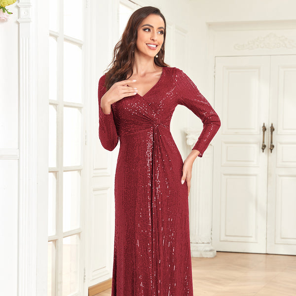 Sequin V-Neck Long Sleeves A-Line Floor Length Prom/Evening Dress